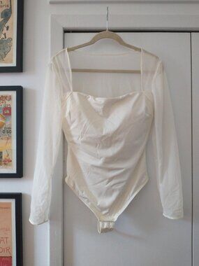 Popilush Shapewear Illusion Mesh Slimming Thong Bodysuit in Cream/Off White